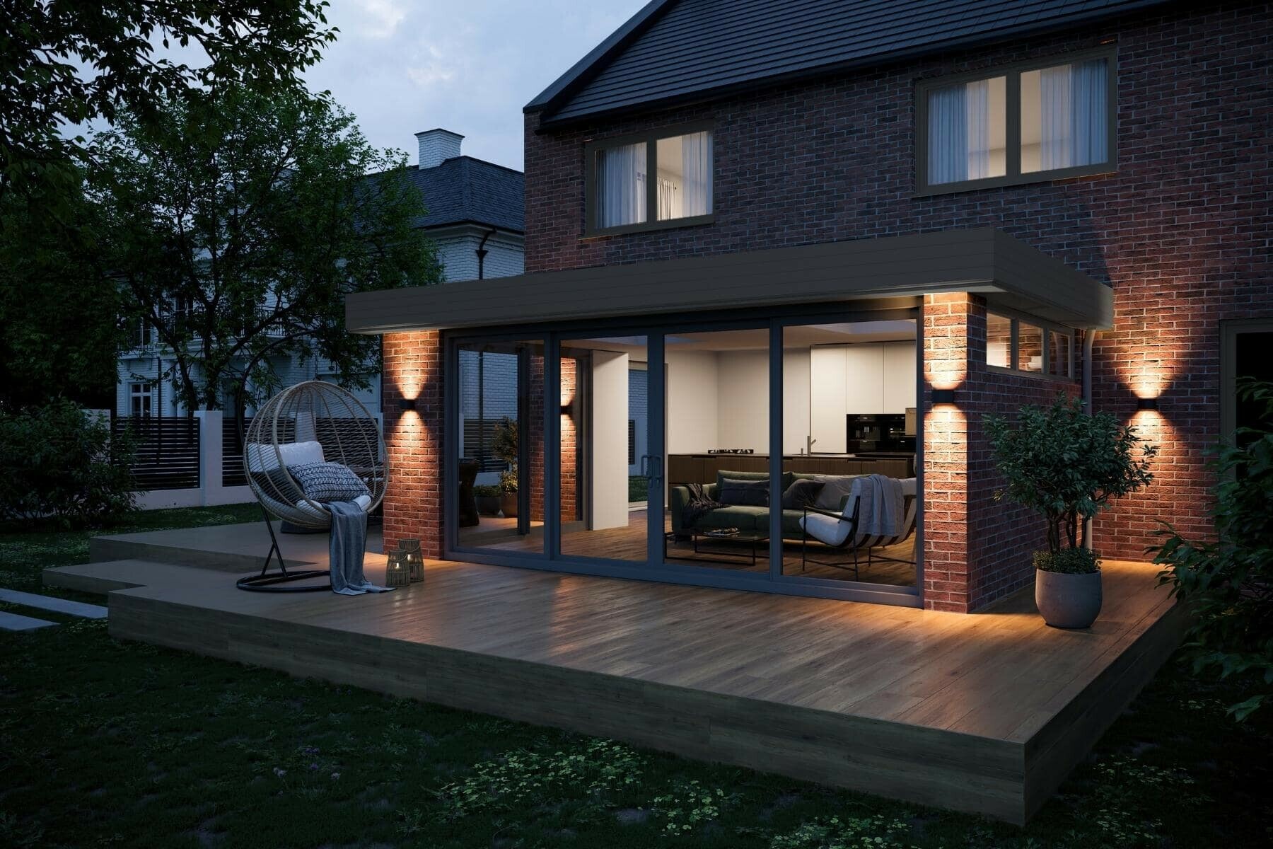 Flat roof extension at dusk